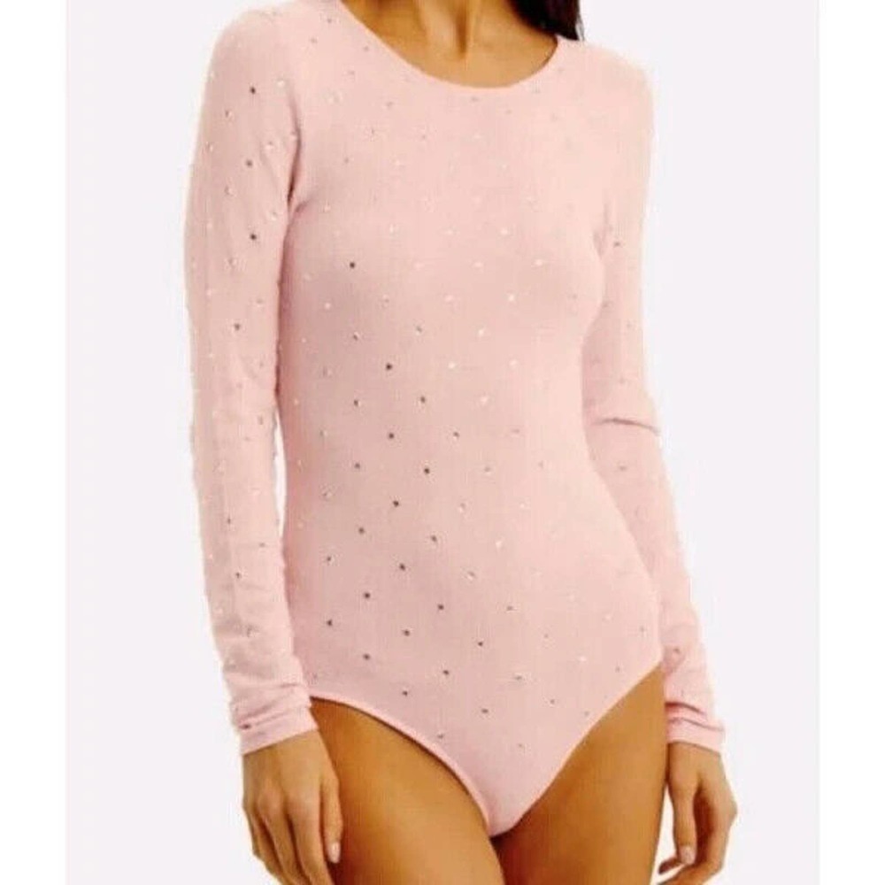 Ronny Kobo Bodysuit Chani Revolve Pink Rhinestone lightweight Knit Stretch Small